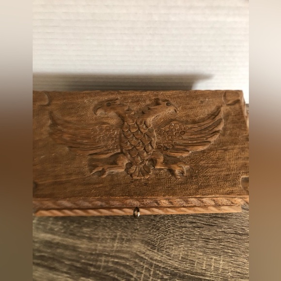 Hand Carved Double Eagle Wood Box with Key - Picture 3 of 15